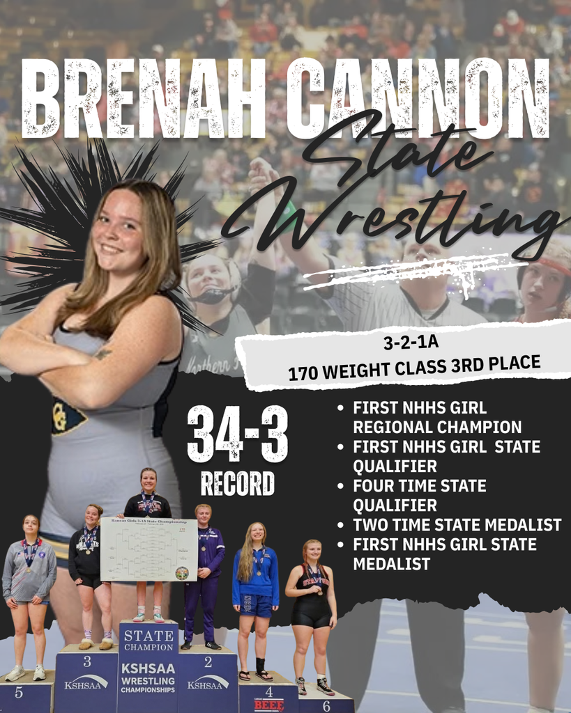 Five Northern Heights wrestlers competed at KSHSAA state wrestling this weekend. Final results tallied two podium placers and three athletes just shy of it, showing great determination through the tournament. Congratulations to our three seniors Leo, Wyatt, and Brenah on their state qualification in their final season! Way to make Northern Heights history!