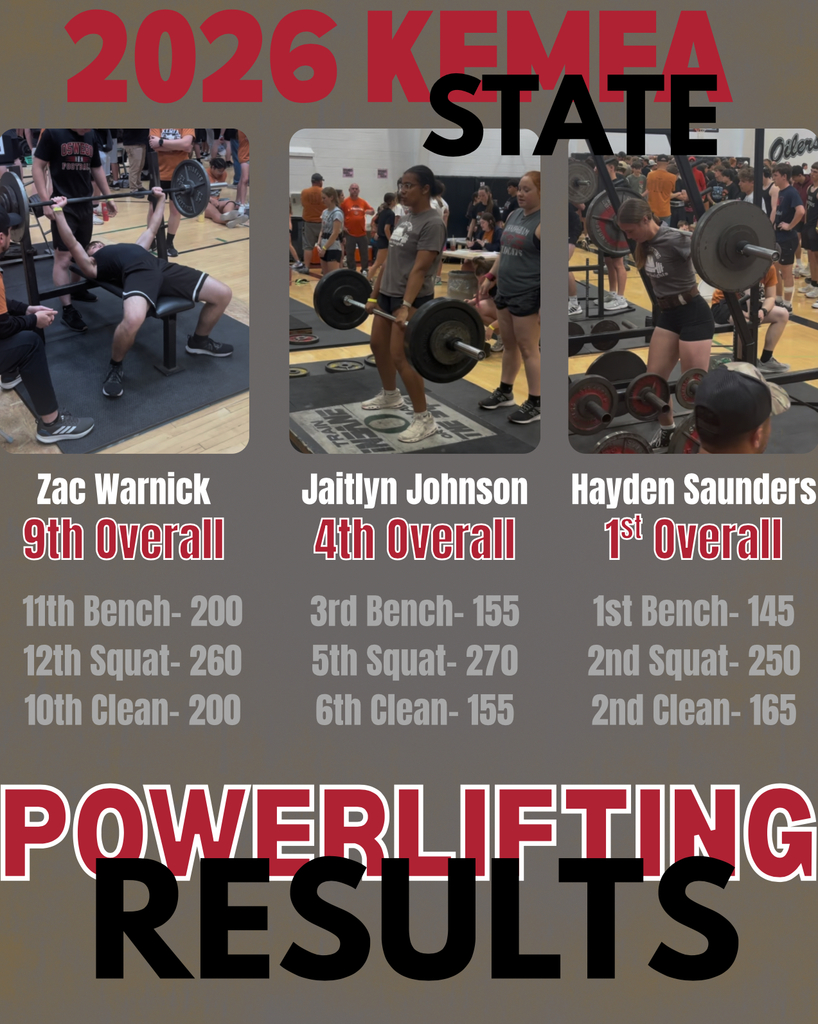 Good job to the three athletes that attended the KEMFA State Powerlifting meet.  Congratulations to Hayden Saunders for winning in the 140 pound weight class! 🏋️