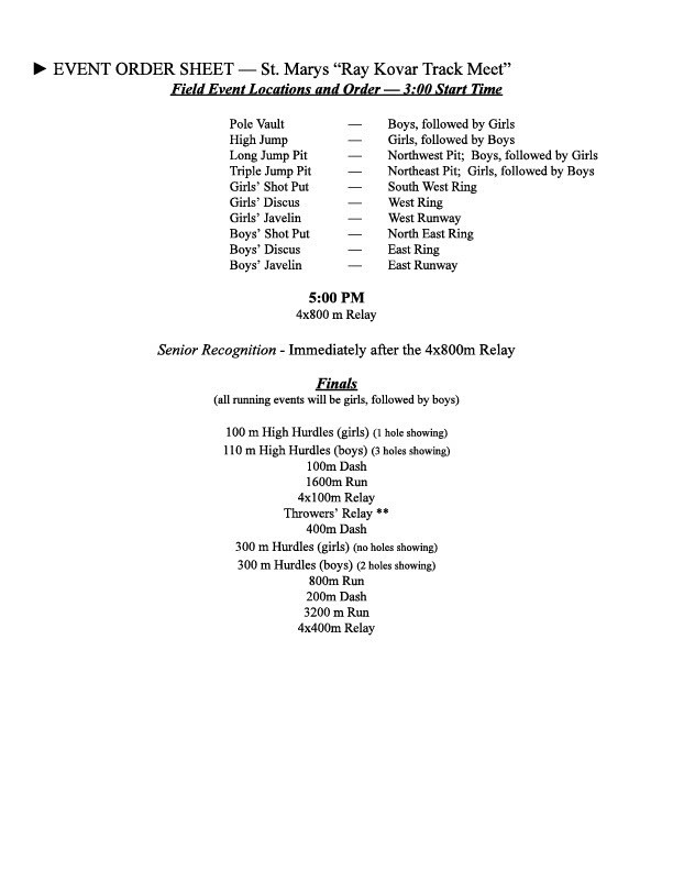Order of Events at St. Marys