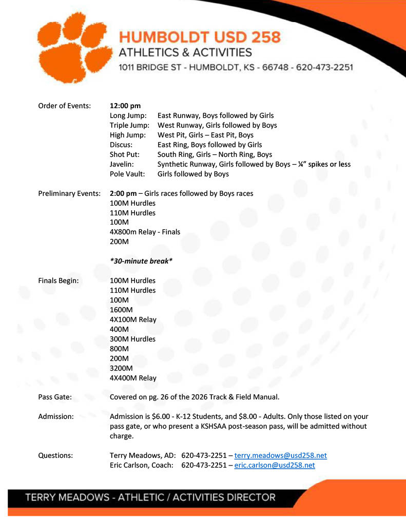 Regional Track - Order of Events