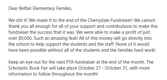PTA Thank you letter