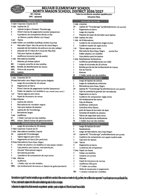 School Supply List Spn
