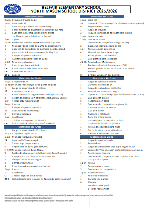 School Supply List Spn