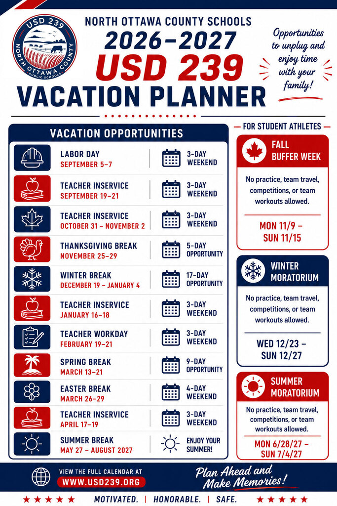 vacation planner stylized to show blocks of dates in which school is not in session