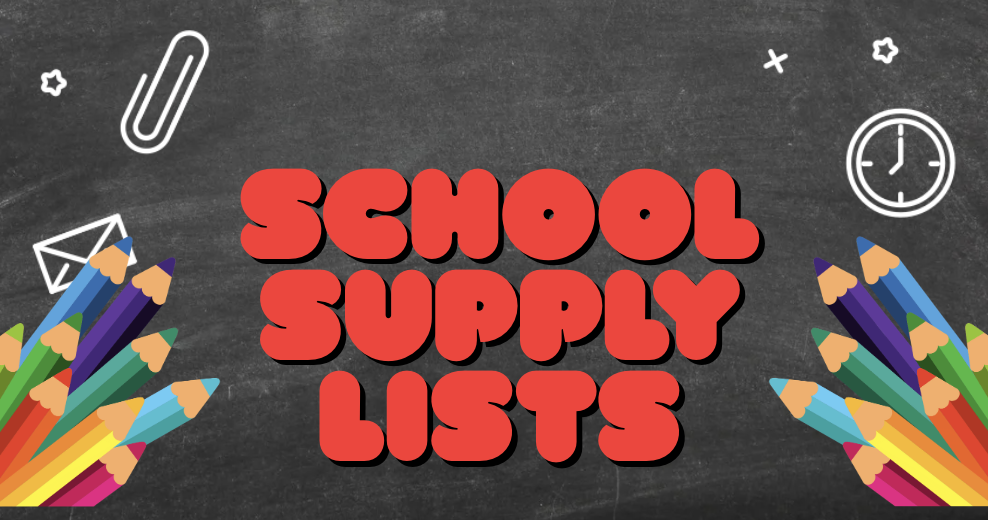 Image with colored pencils that says school supply lists.