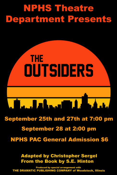 The Outsiders poster of cityscape with sun, and The Outsiders placed in sun.