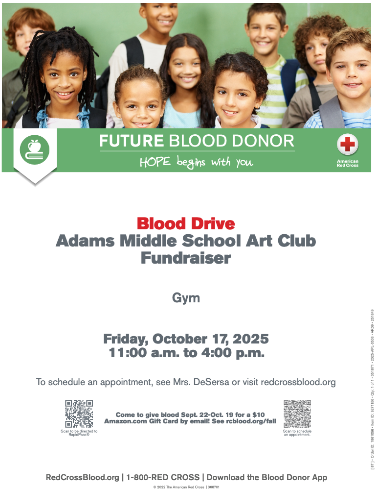 Adams Muddle School Art Club Fundraiser Flyer