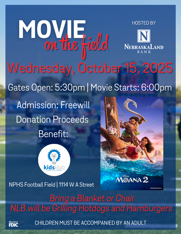 Movie on the field flyer Oct. 15, 2025, 5:30 pm Freewill donation that supports Kids Klub. Children must be accompanied by an adult.