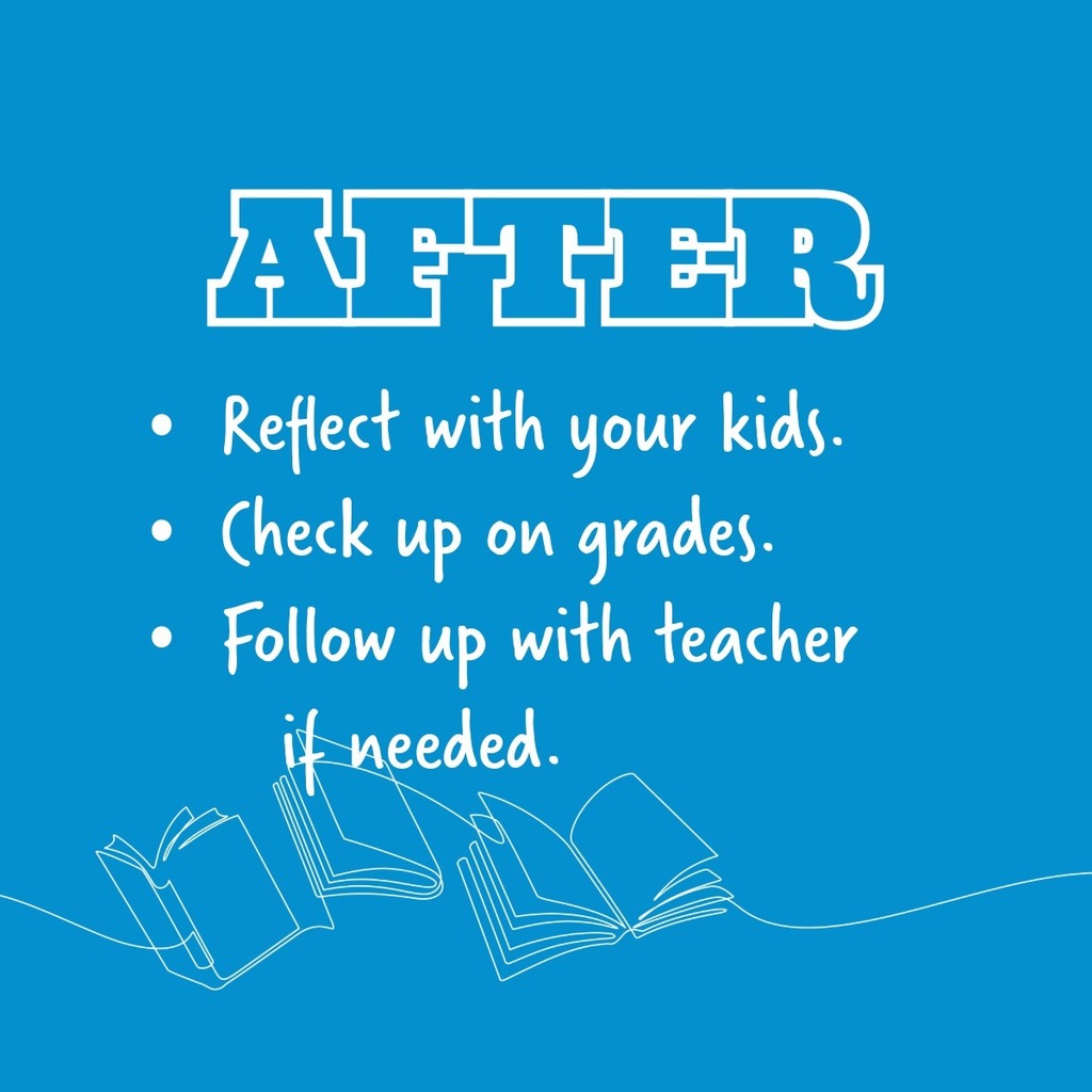 Design with books that says: After: Reflect with your kids. Check up on grades. Follow up with teacher if needed.