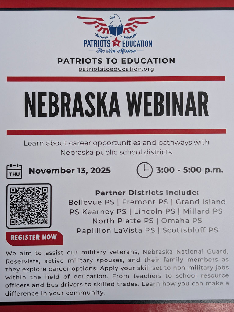 Patriots to Education patriotstoeducation.org Nebraska webinar November 13, 2025 3:00 - 5:00 pm.