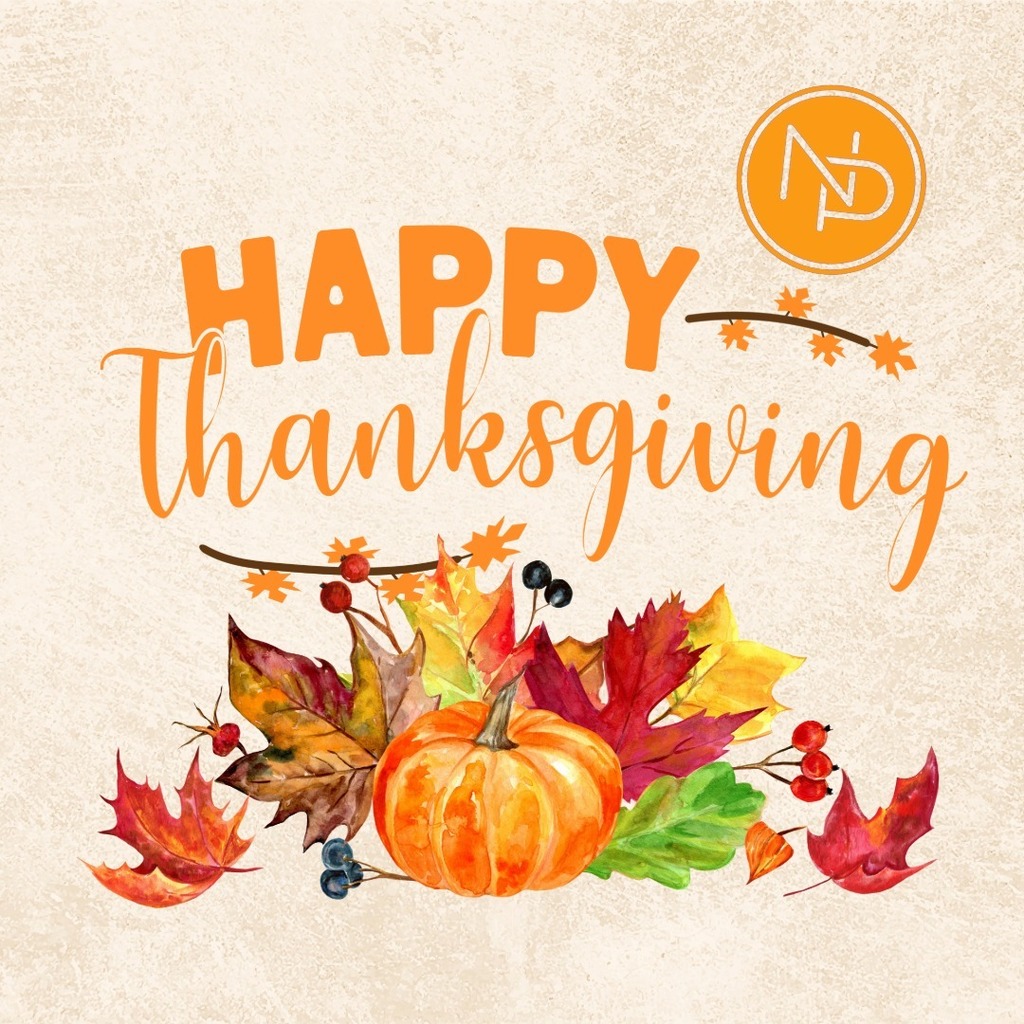 NP logo with Happy Thanksgiving Message that includes pumpkin and leaves