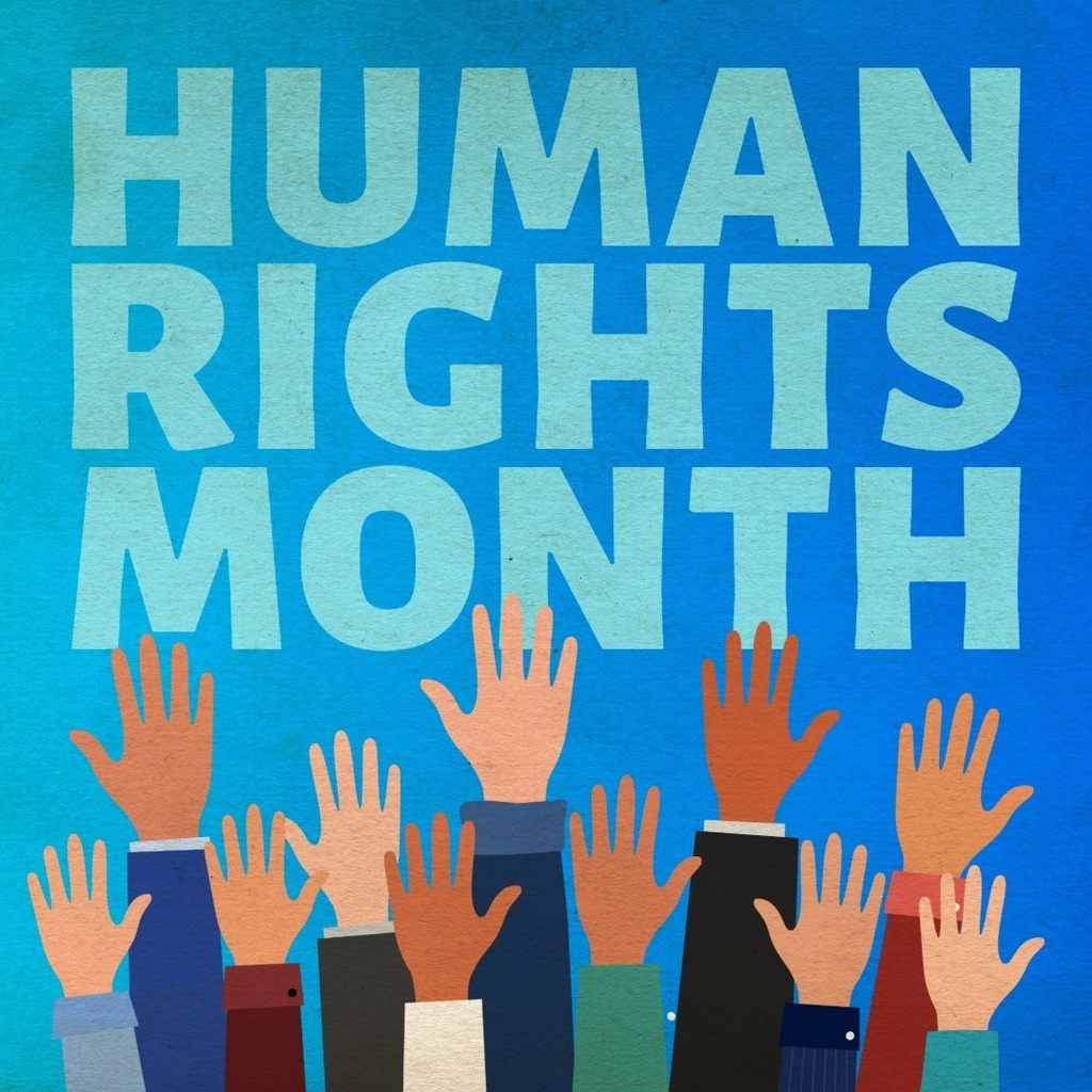 Hands being raised with text that says Human Rights Month.