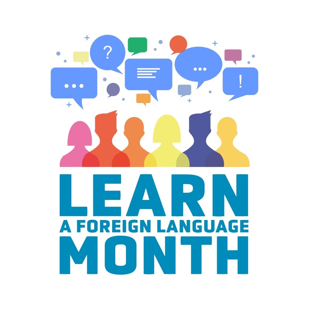 Design with people and speech bubbles that reads Learn a foreign language month.