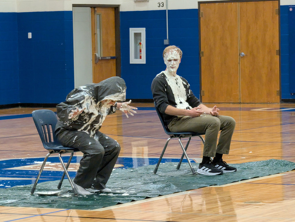 Mrs. Brosius and Mr. Bradley after being pied.