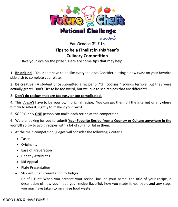 Future Chefs Flyer that reads: Attention 3rd-5th graders and parents! Please see attached information for Sodexo Future Chefs Challenge!