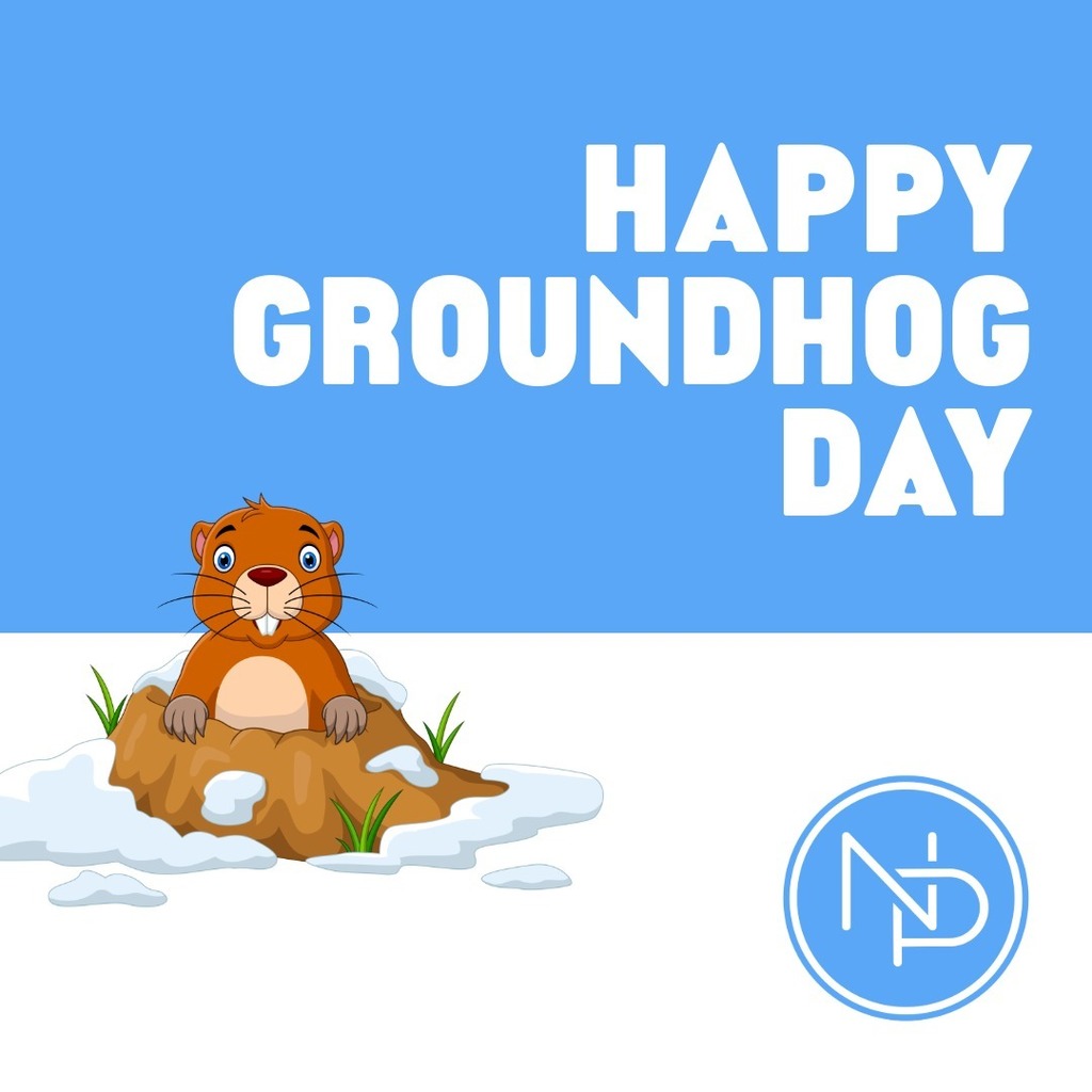 Groundhog emerging with a message that says, "Happy Groundhog Day" and the NP logo.
