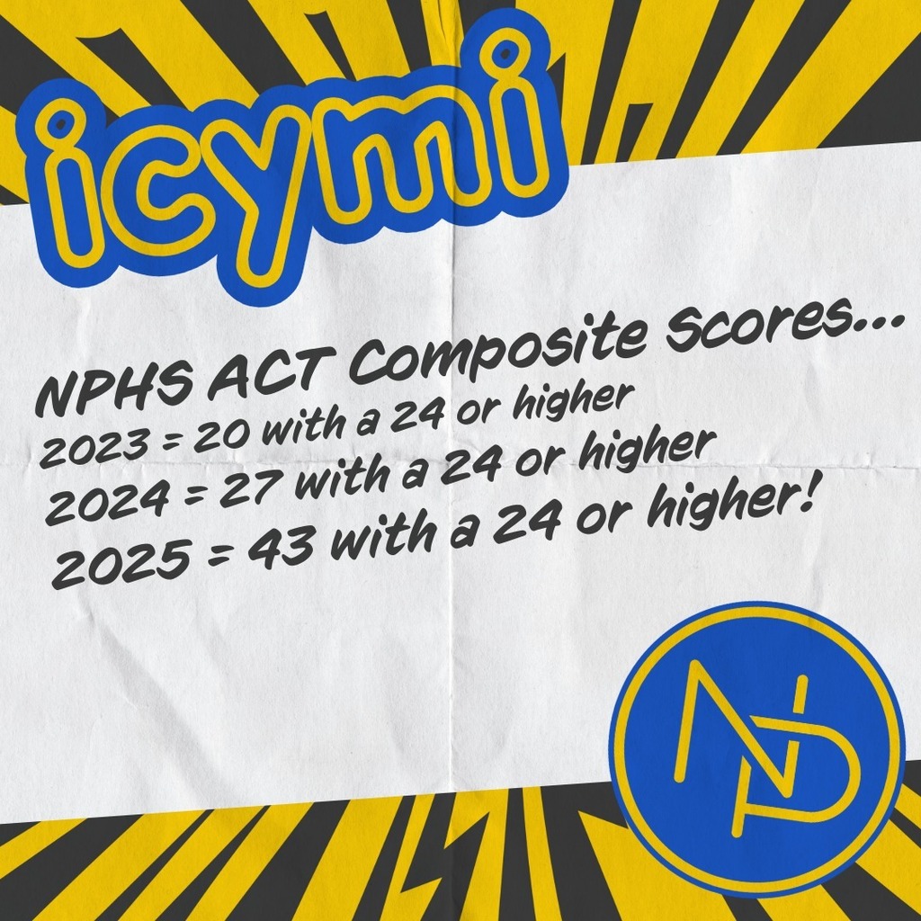 icymi note: NPHS ACT Composite Scores... 2023=20 with a 24 or higher, 2024=27 with a 24 or higher, 2025=43 with a 24 or higher! NP logo in bottom right corner.