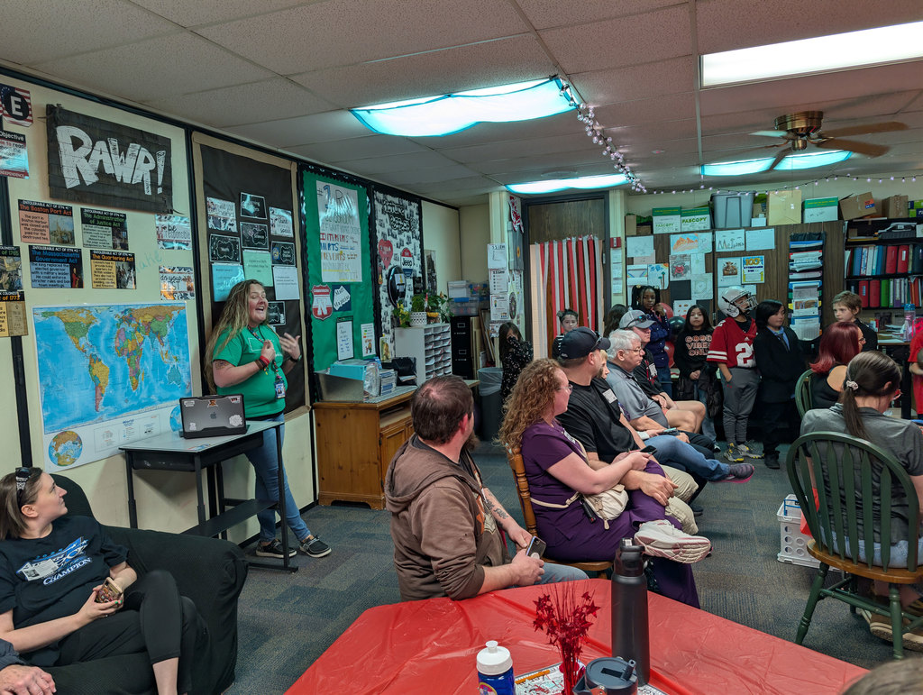 Mrs. McIntosh talking to Washington families before Nebraska program.