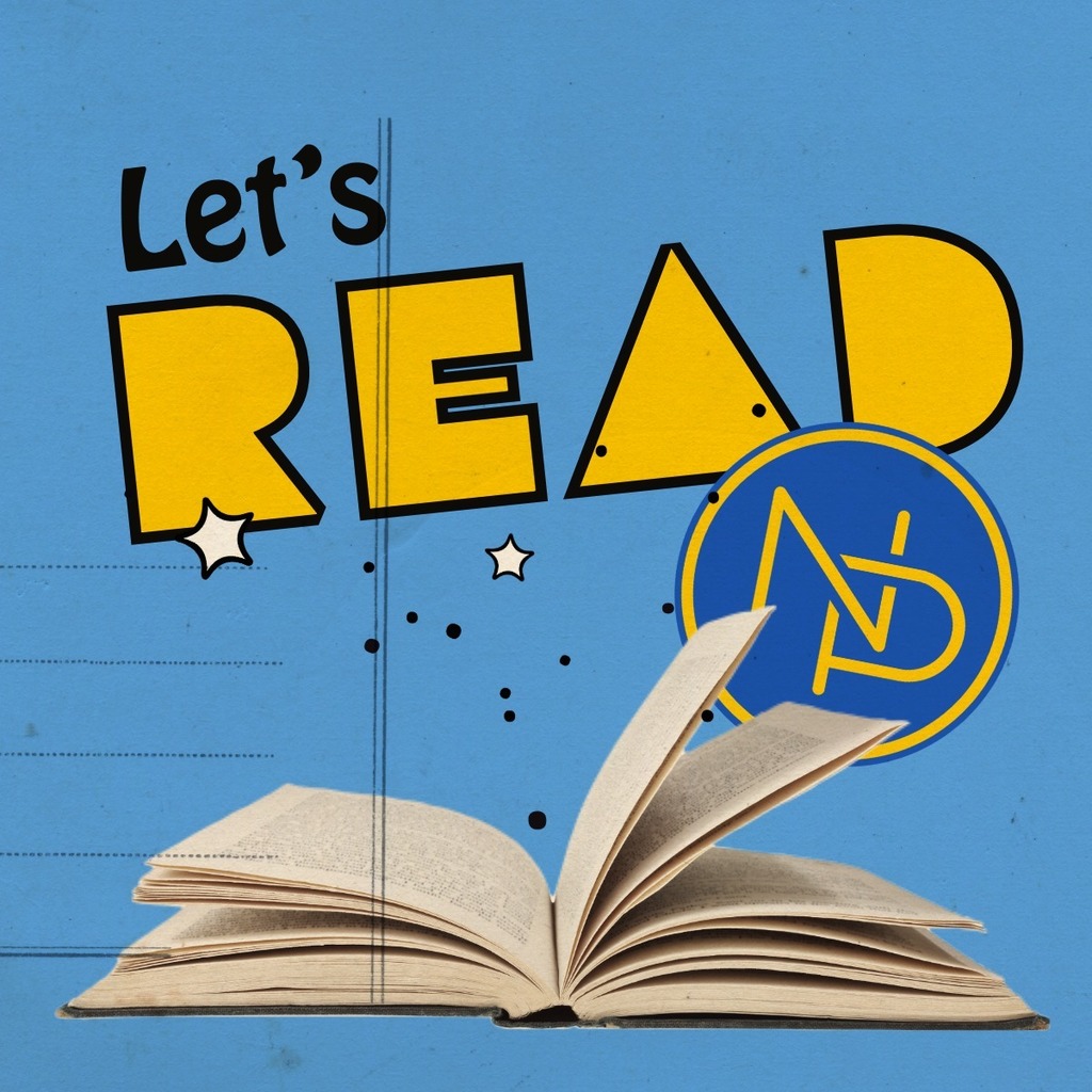 An open book with dots and stars coming out of it with the interlocking bllue and gold NP logo and  yellow text that reads  Let's Read and a blue background.
