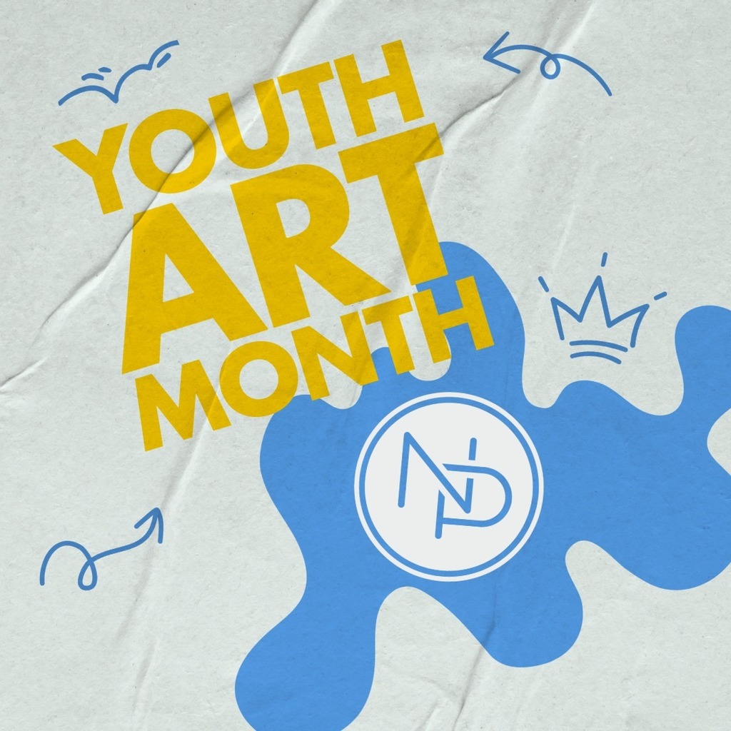 Blue ink blob with white interlocking NP logo. Yellow text that reads Youth Art Month.