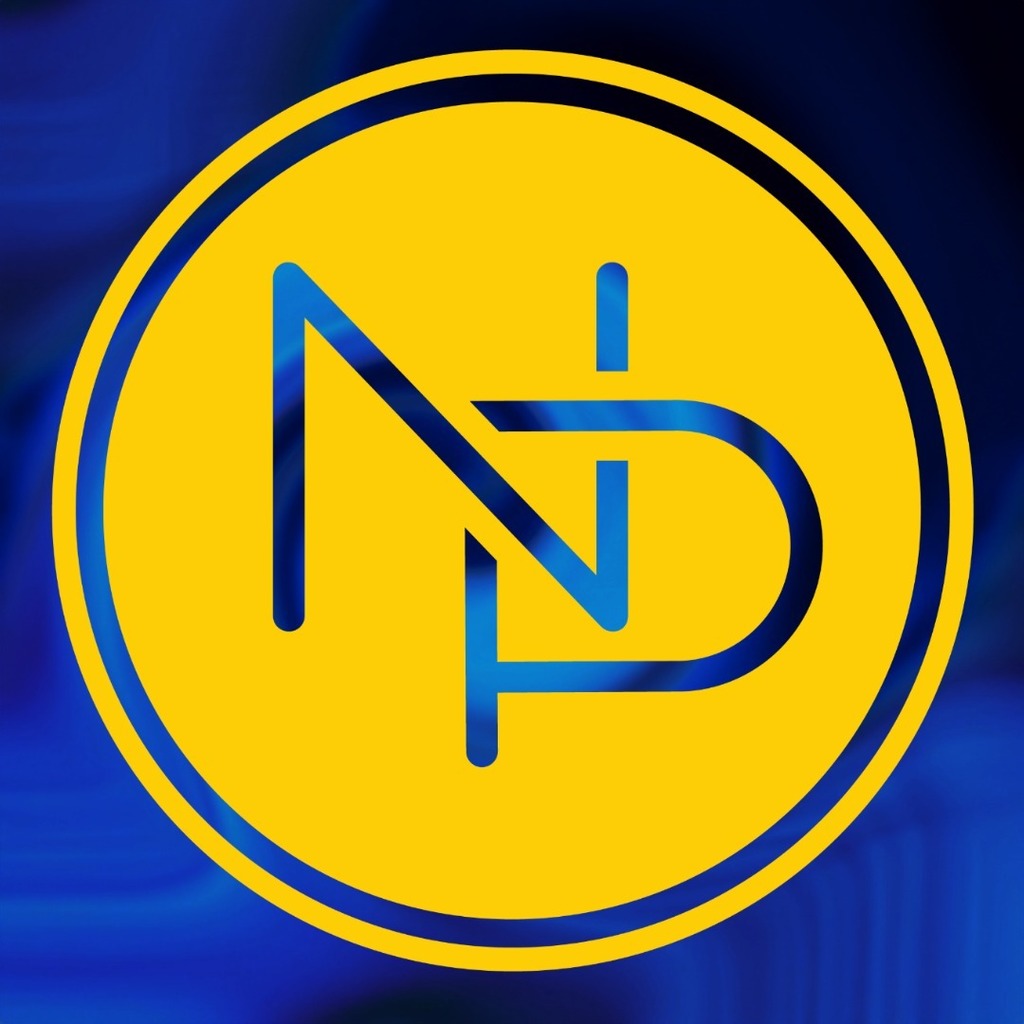 Gold interlocking NP circle logo with blue background.