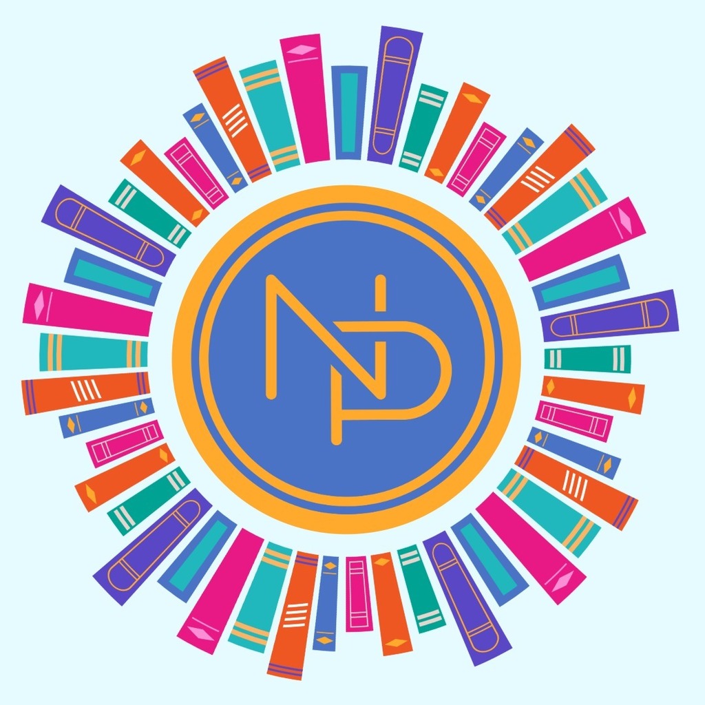 Blue and gold interlocking NP circle logo, with books circled around the outside.
