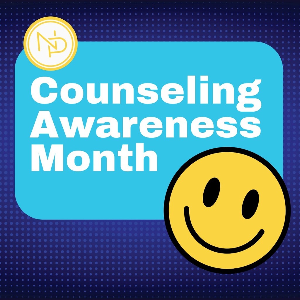 Note with half-tone dots pattern and a window that says "Counseling Awareness Month". In the top left corner of the window is a white and yellow interlocking NP logo, in the bottom right corner is a smiley face.