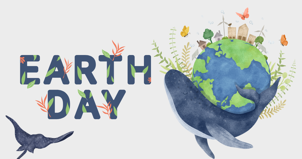 Earth Day  text with aquatic life and butterflies surrounding the planet Earth.