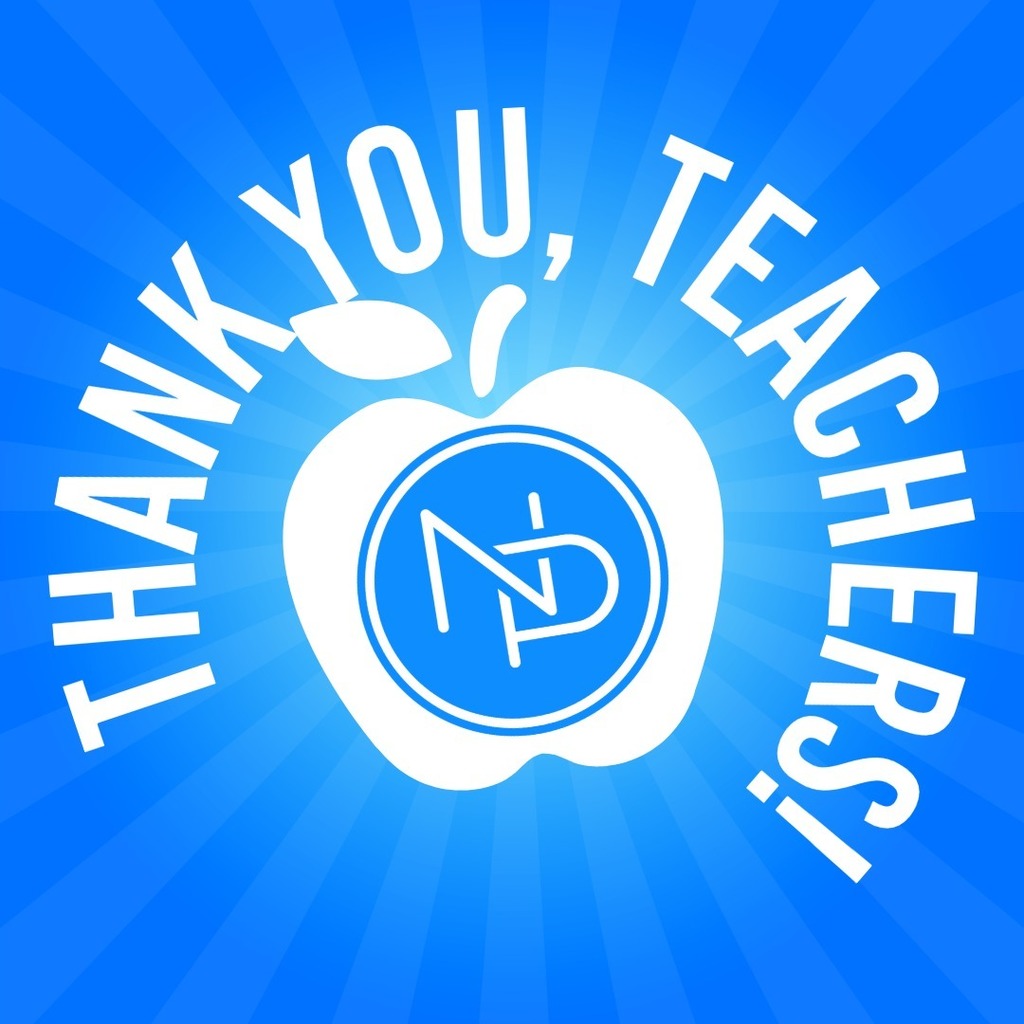 Thank you, teachers! Blue background with white apple icon and blue and white interlocking NP logo centered in the apple.