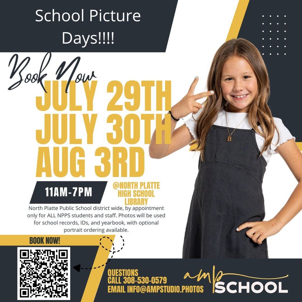 School Picture Days!! July 29, 30, and August 3 at NPHS Library, 11am - 7pm questions, email info@ampstudio.photos https://calendly.com/ampschools/npps-summer-picture-days-2026-27