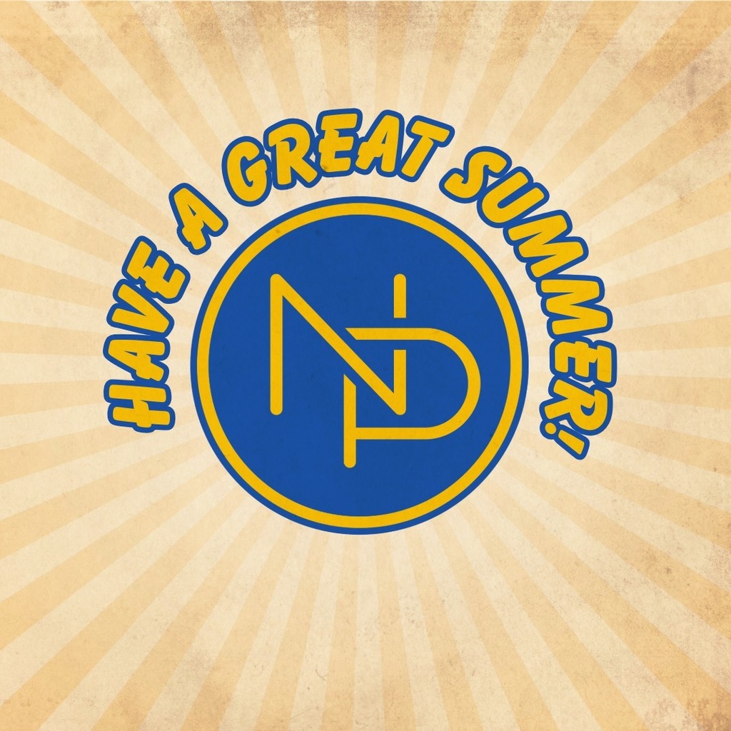Blue and gold interlocking NP with rays coming out from it, and text surrounding that reads, "Have a great summer!"