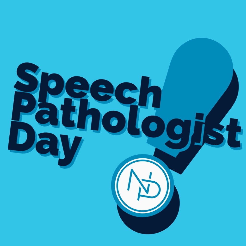 Blue background that says Speech Pathologist Day! The blue and white interlocked NP logo is in the dot of the "!".