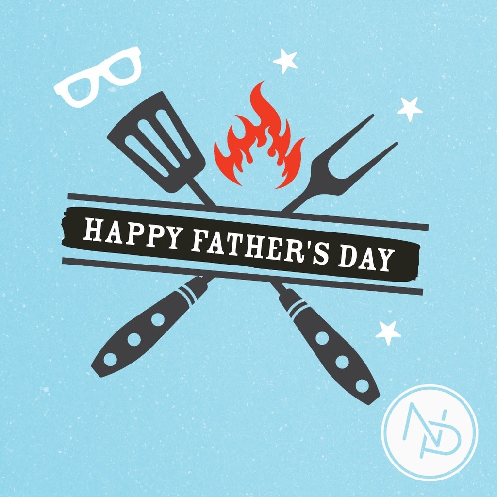 BBQ tools with text that reads: Happy Father's Day! and white and blue interlocking NP logo.