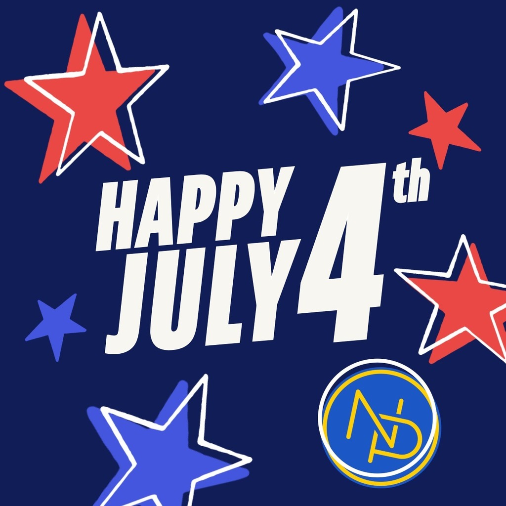 Blue background with white text that says "Happy July 4th." Text is surrounded by red and blue stars, and the interlocking blue and gold NP logo.