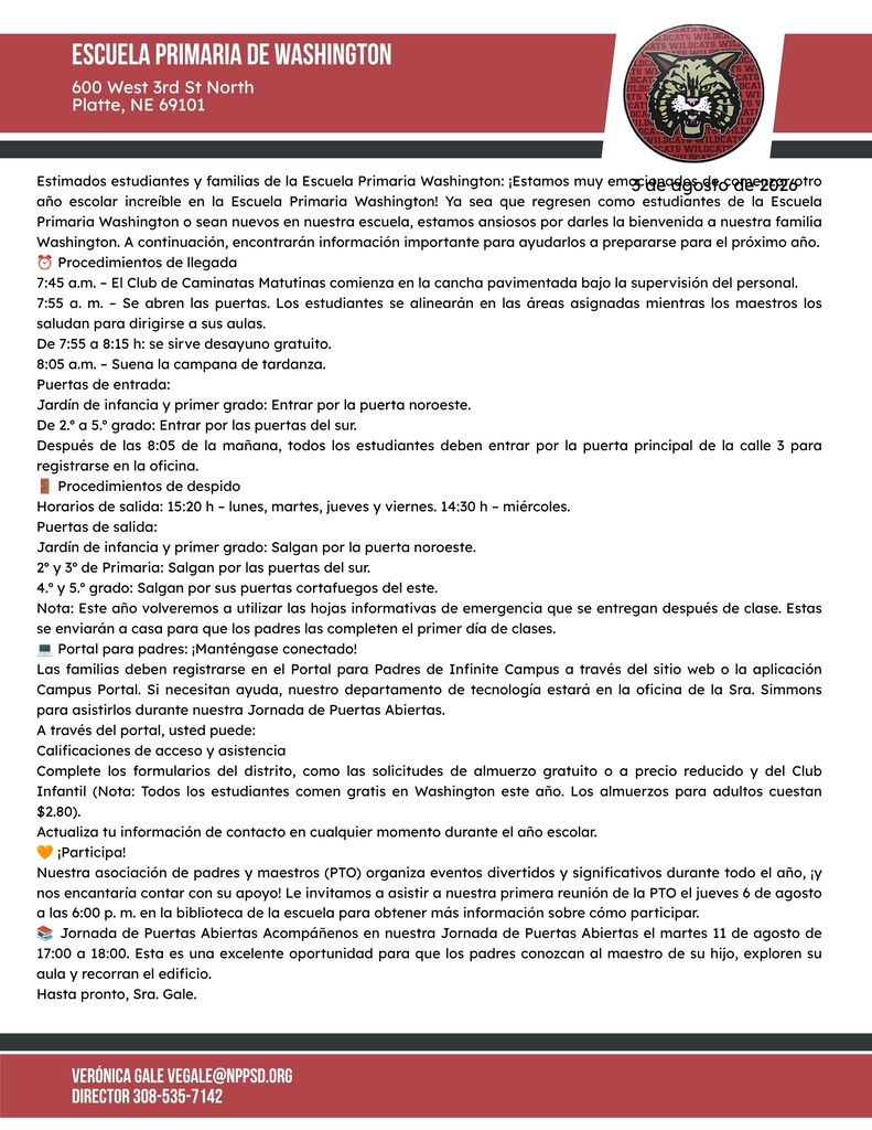 carta de bienvenida de Washington Elementary
