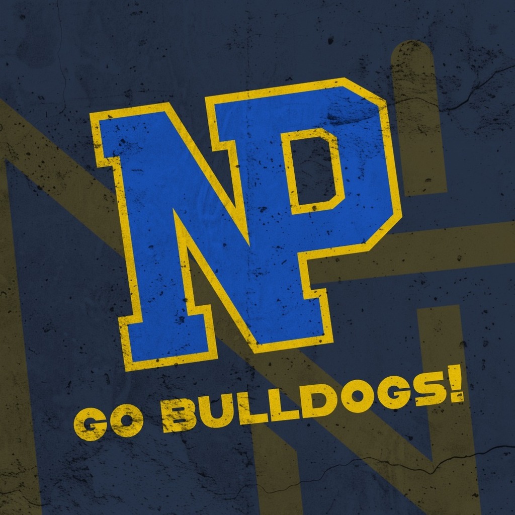 weathered block NP logo with text that reads: Go Bulldogs!