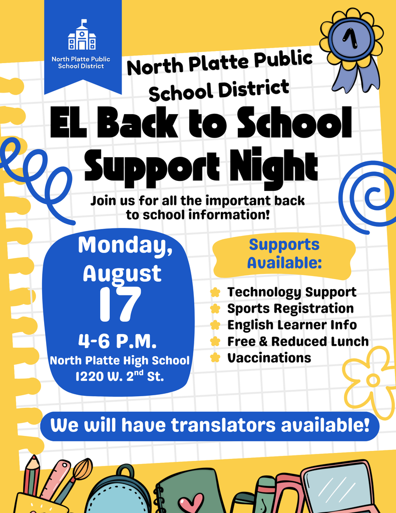 Yellow and Blue Flyer for EL Back to School Support Night @ NPHS 8/17 from 4-6 PM
