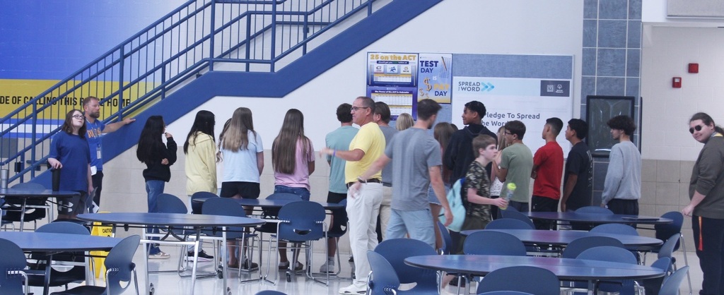 First Day for Freshmen - New Freshmen finding our way around with principal, Mr. Spotanski!
