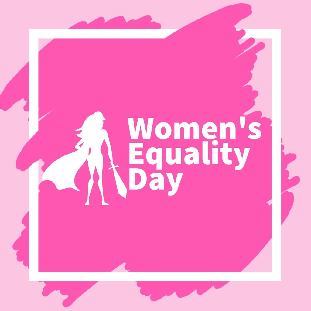 Pink painted canvas with white border and a silhouette of a heroine and text that reads: Women's Equality Day