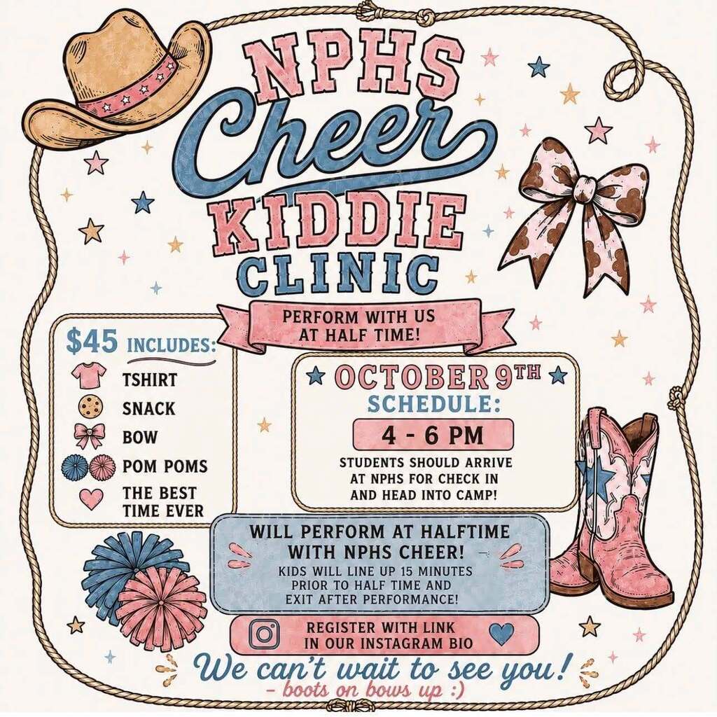 2026 NPHS Cheer Kiddie Clinic and Performance Infographic