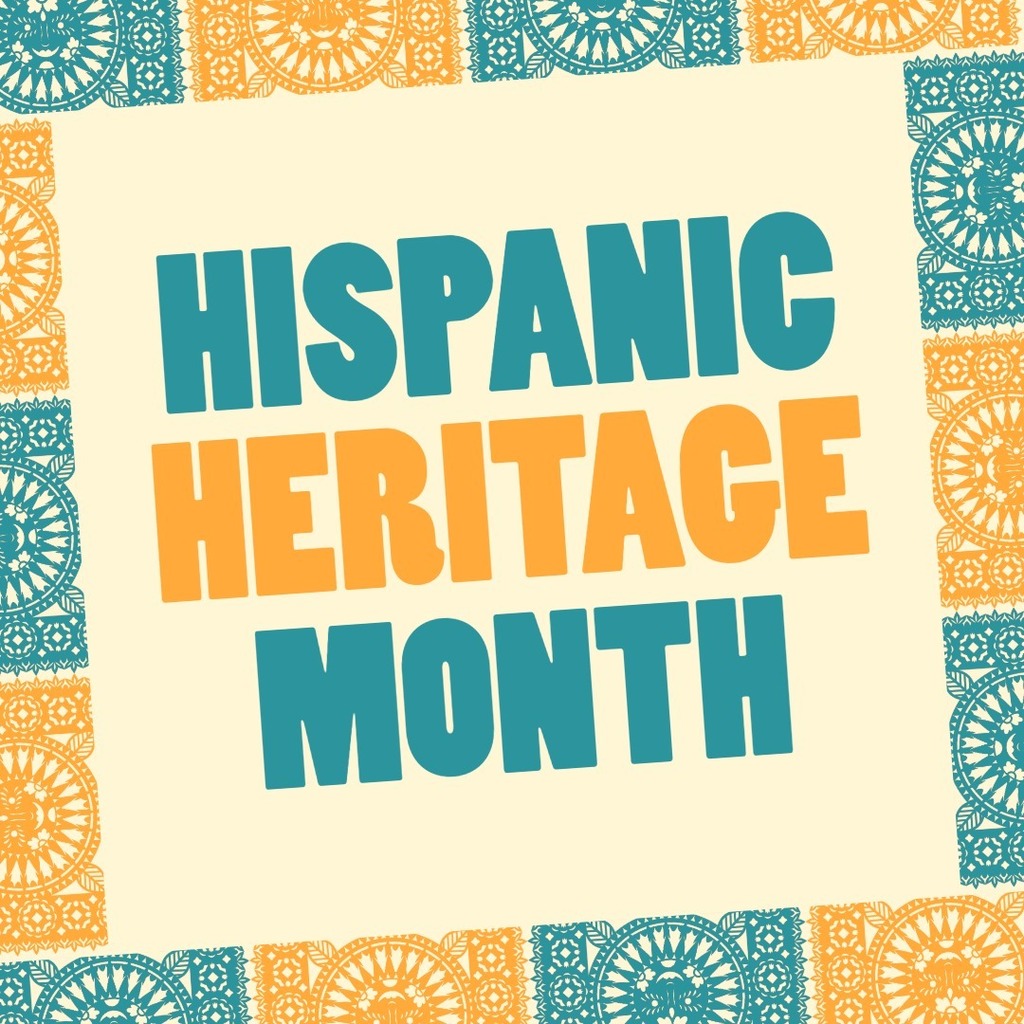 Blue and gold text that reads hispanic heritage month with designed edges.