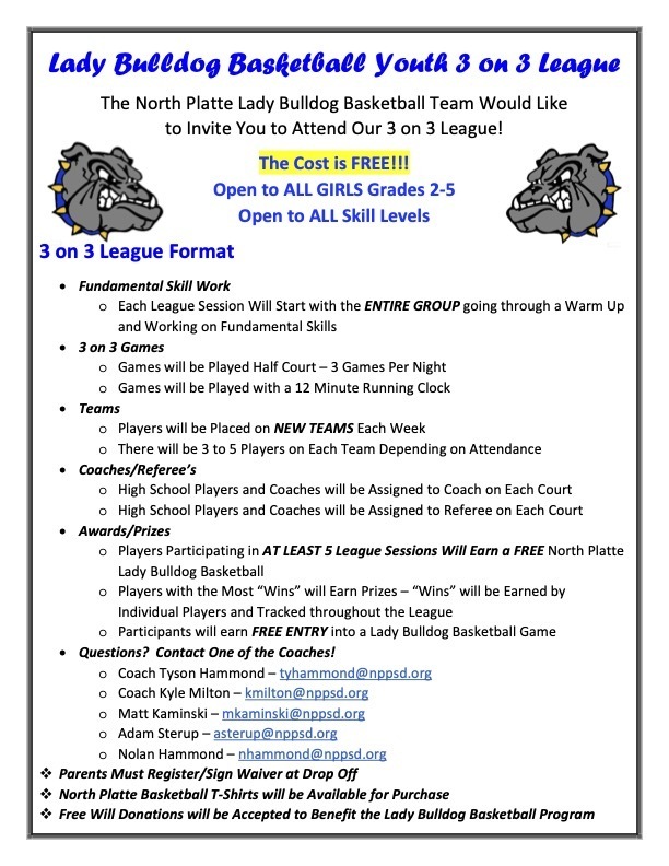 Lady Bulldog Youth 3 on 3 League Information Poster