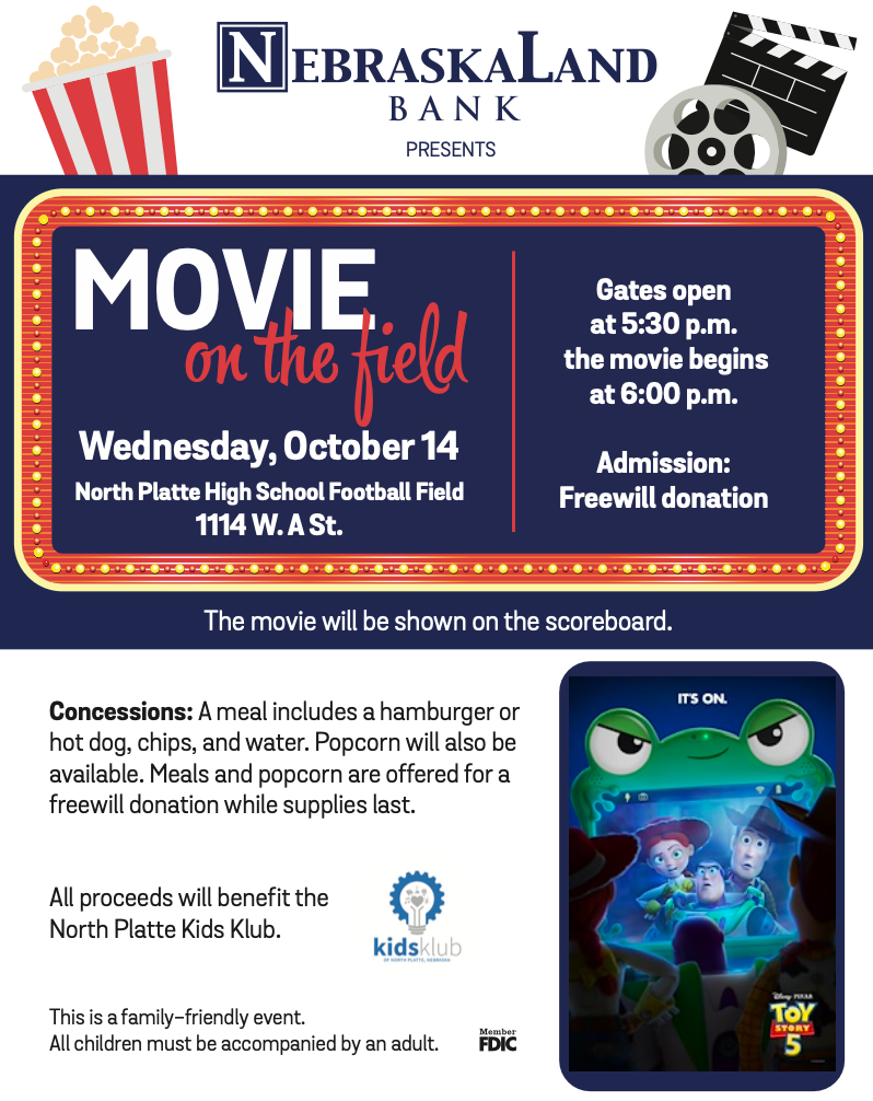 Flyer that reads: Movie on the field Oct. 14 at NPHS. Gates open at 5:30pm and movie begins at 6. Freewill donation. Concessions available. All proceeds benefit Kids Klub. The movie is Toy Story 5!