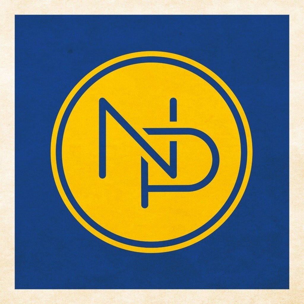 Blue and gold interlocking NP logo with blue background.