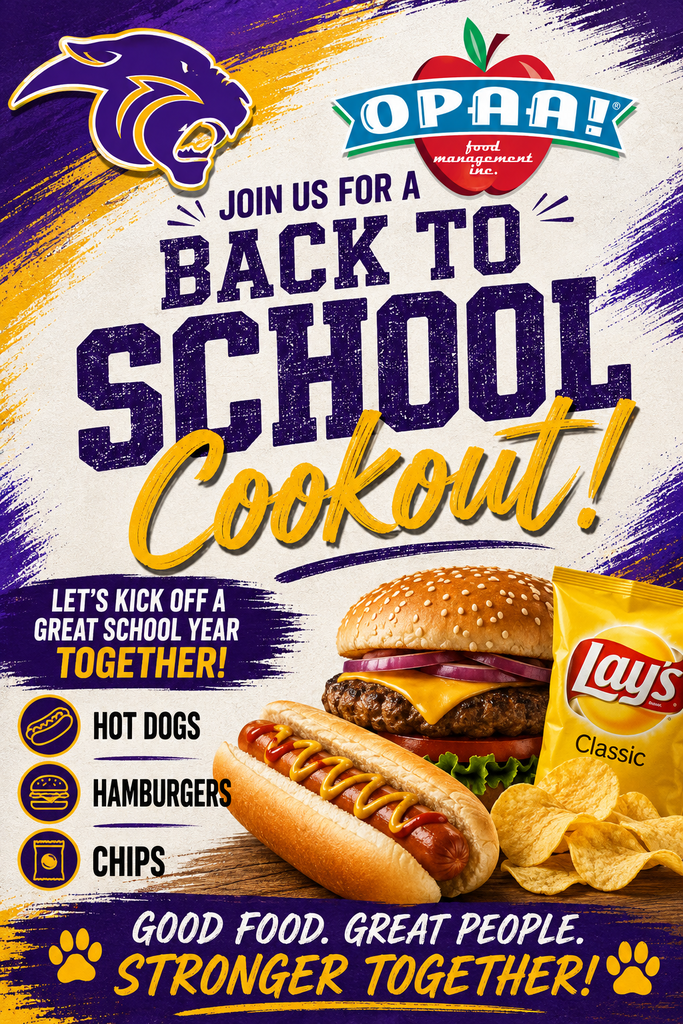 Back To School Cookout. Food will be served from outside of our Ag Shop from 4:30-6:30 pm.