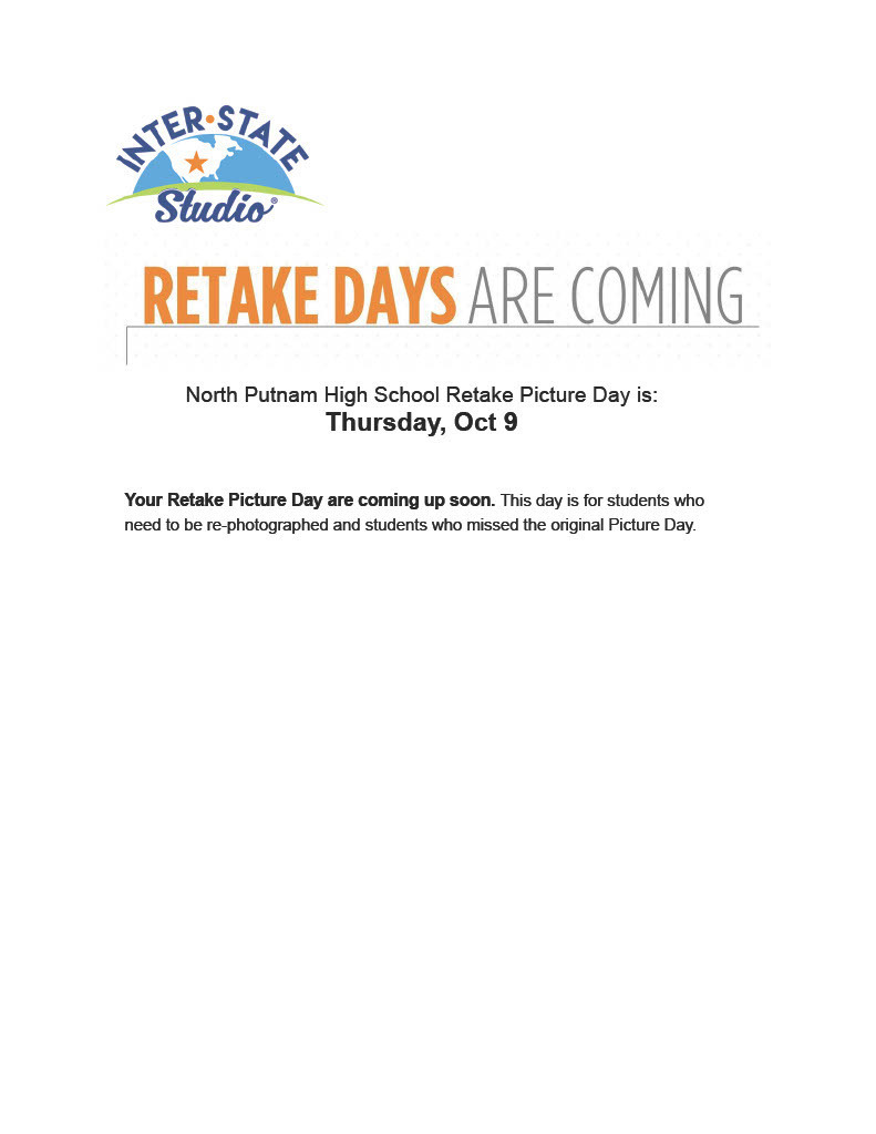 Picture Retakes for North Putnam High School students and staff will be Thursday, October 9.