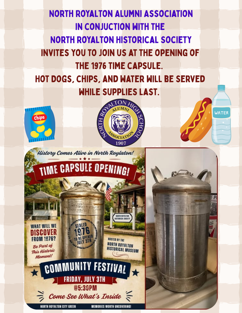🕰️ What will we discover from 1976?  Join the North Royalton Alumni Association and the North Royalton Historical Society as the 1976 Time Capsule is opened! This unique piece of North Royalton history has been sealed for nearly 50 years, and now the community will get a chance to see what's inside.  📅 July 3 ⏰ 5:30 p.m. 📍 North Royalton City Green  Hot dogs, chips, and water will be available while supplies last. Come celebrate, reconnect, and uncover memories from 1976!
