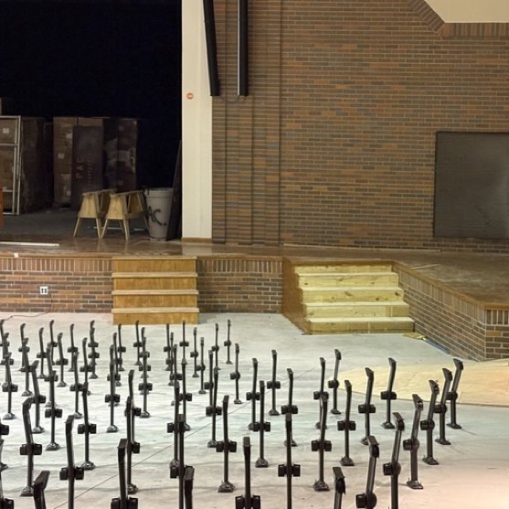 PAC progress: New paint, new ramps, new built in stairs, new seats, new carpet and new curtains. Updating an awesome space for our talented students.