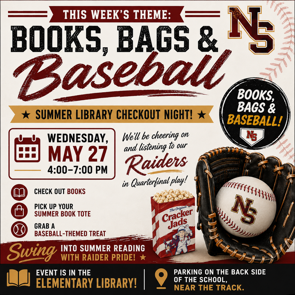 Swing into summer reading with Raider pride at this week’s Raiders Read: Summer Checkout Night! Stop by for books, summer totes, baseball-themed fun, and Raider spirit as we cheer on our quarterfinal baseball team!