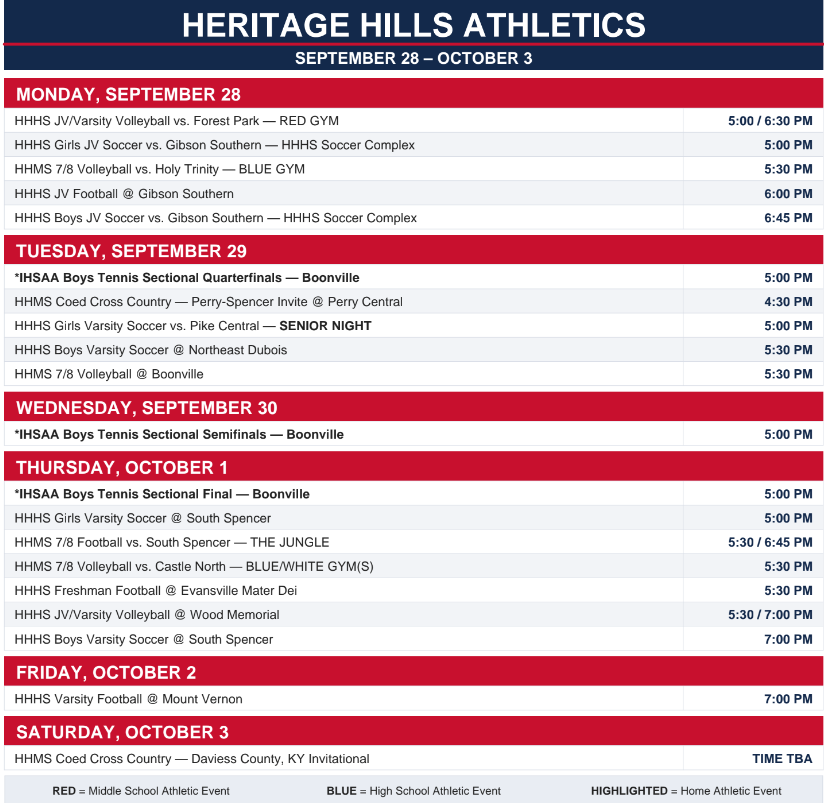 Athletic Schedule September 28-October 3